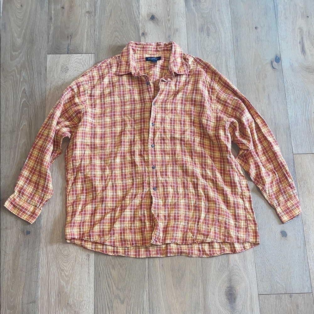 Brooks Brothers Red and Yellow Plaid Linen Shirt button up long sleeve